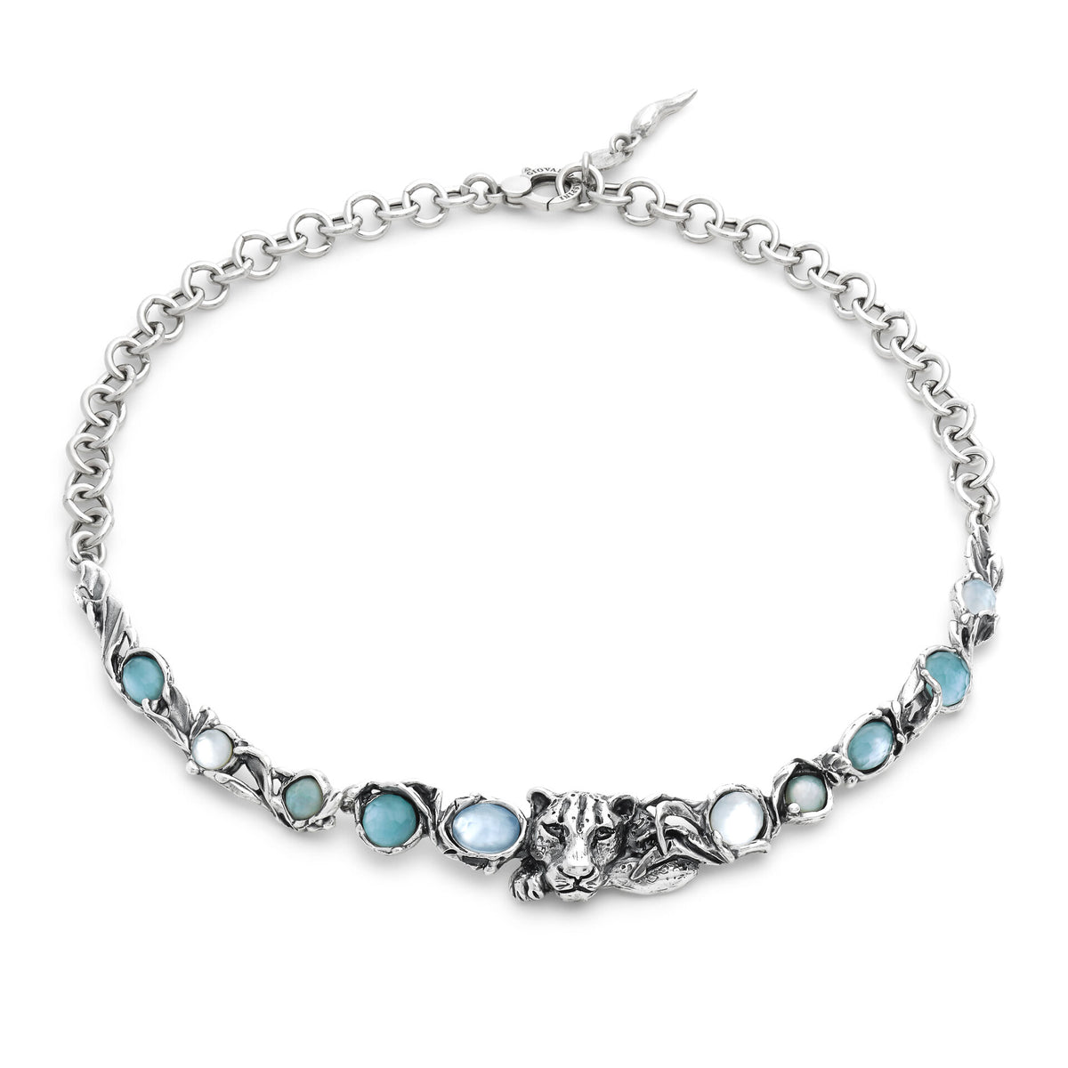 Collana blue jaguar Collana in argento 925, madreperla, cristallo di rocca e quarzo