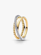 Anello Tripla Fascia Intrecciata Sfere e Pavé Argento Sterling 925, Esclusiva lega metallica rifinita in Oro