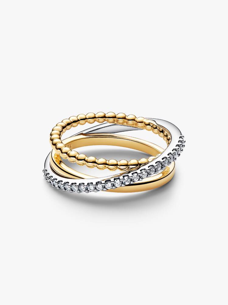 Anello Tripla Fascia Intrecciata Sfere e Pavé Argento Sterling 925, Esclusiva lega metallica rifinita in Oro
