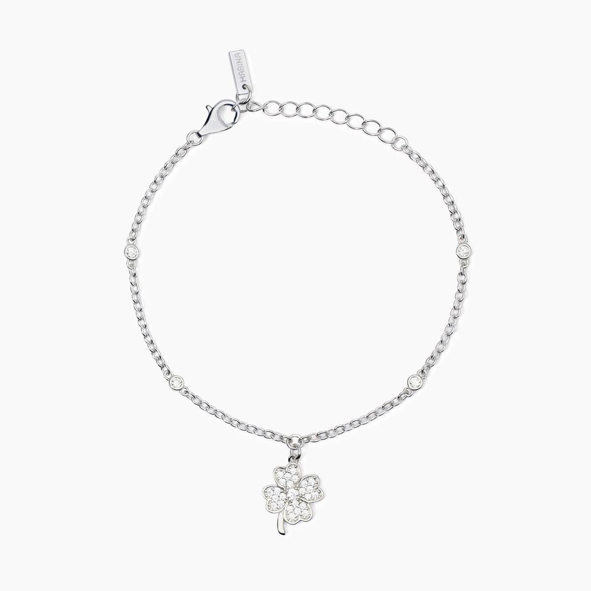 Bracciale in Argento con Catena e Quadrifoglio "BUONA FORTUNA"