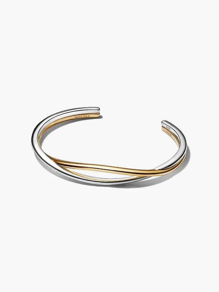 Bracciale Fascia Intrecciata Aperta Bicolore Argento Sterling 925, Esclusiva lega metallica rifinita in Oro