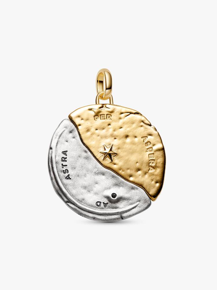 Charm Medallion XL Sole e Luna "Per Aspera Ad Astra" Argento Sterling 925, Esclusiva lega metallica rifinita in Oro
