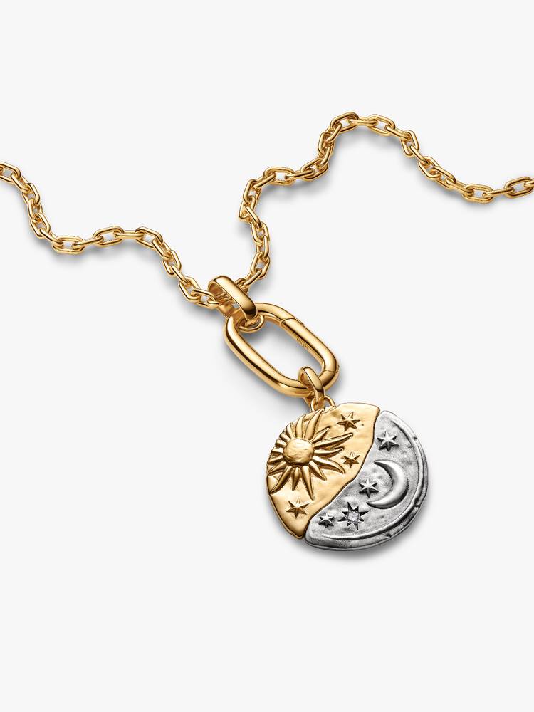 Charm Medallion XL Sole e Luna "Per Aspera Ad Astra" Argento Sterling 925, Esclusiva lega metallica rifinita in Oro