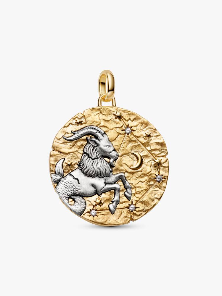 Charm Medallion XL Capricorno "Nihil Difficile Volenti" Argento Sterling 925, Esclusiva lega metallica rifinita in Oro