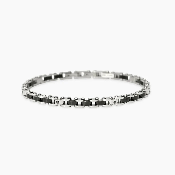 STYLE COLLECTION | STYLE 66  Bracciale uomo in acciaio con elementi lucidi, PVD nero e cristalli neri