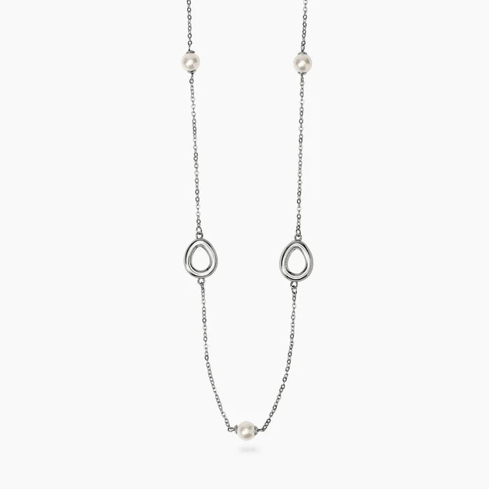 STYLE COLLECTION | STYLE 92  Collana in acciaio con catena rolò, elementi goccia e perle conchiglia