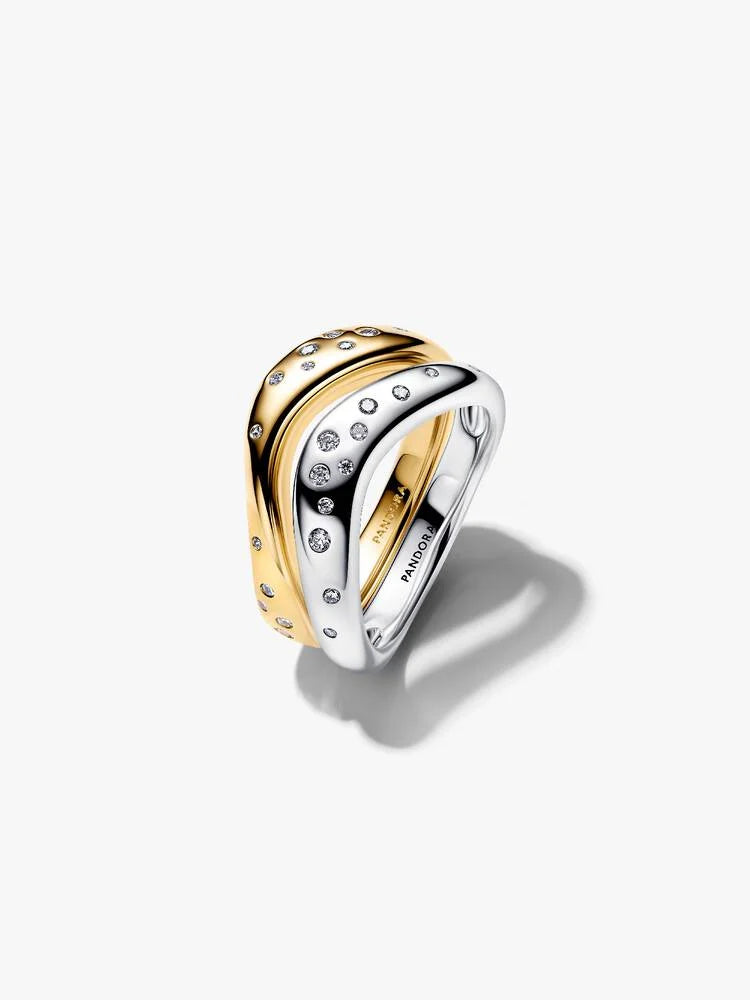Anello Linea Sinuosa Divisibile Bicolore con Pietre Luminose Argento Sterling 925, Esclusiva lega metallica rifinita in Oro