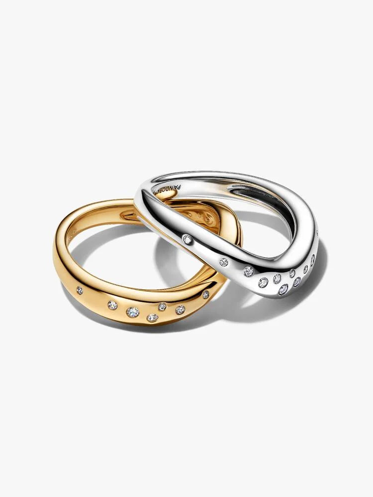 Anello Linea Sinuosa Divisibile Bicolore con Pietre Luminose Argento Sterling 925, Esclusiva lega metallica rifinita in Oro