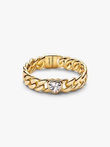 Anello Catena Maglia Cubana con Cuore Finitura in Oro - 48 - ANELLO