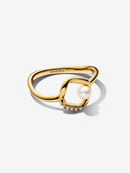 Anello Cerchio Linea Sinuosa con Perla d’Acqua Dolce Coltivata e Pavè Placcatura in Oro 14k - ANELLO