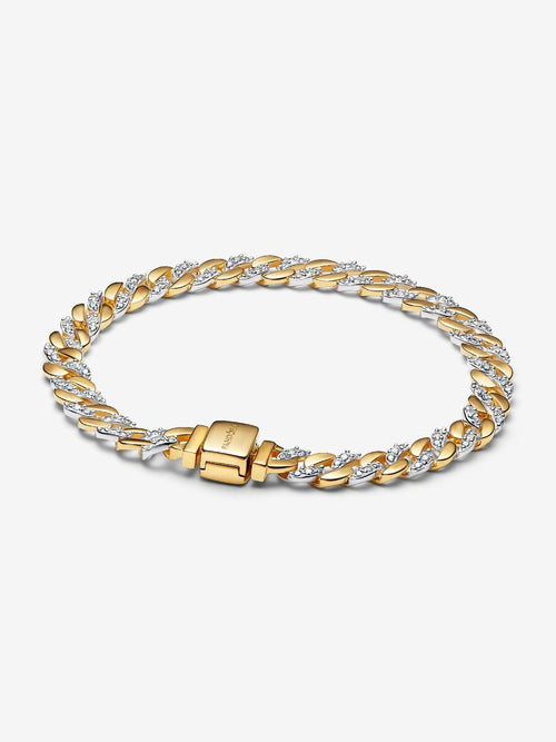 Bracciale Catena Maglia Cubana Bicolore con Pavè Argento Sterling 925 Placcatura in Oro 14k - 18 - BRACCIALE