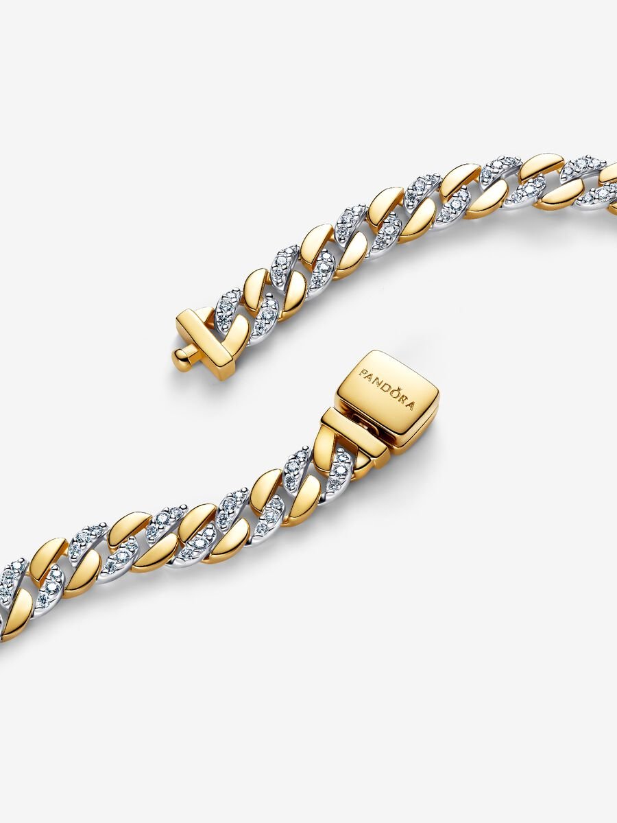 Bracciale Catena Maglia Cubana Bicolore con Pavè Argento Sterling 925 Placcatura in Oro 14k - BRACCIALE
