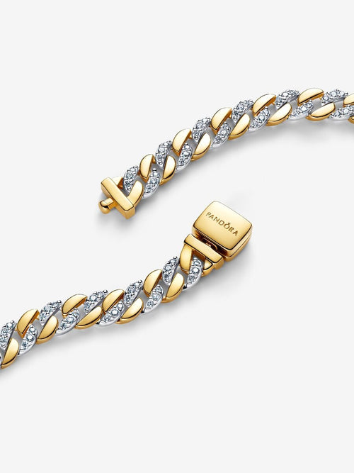 Bracciale Catena Maglia Cubana Bicolore con Pavè Argento Sterling 925 Placcatura in Oro 14k - BRACCIALE