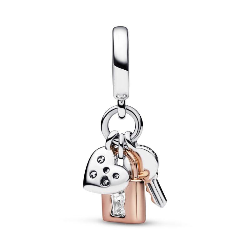 Charm Pendente Chiave, Lucchetto e Cuore