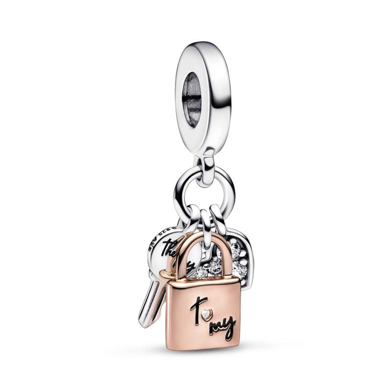 Charm Pendente Chiave, Lucchetto e Cuore