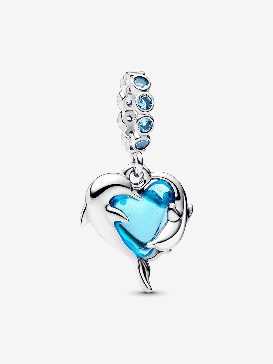 Charm Pendente Delfini e Cuore Vetro di Murano Argento Sterling 925 - CHARM
