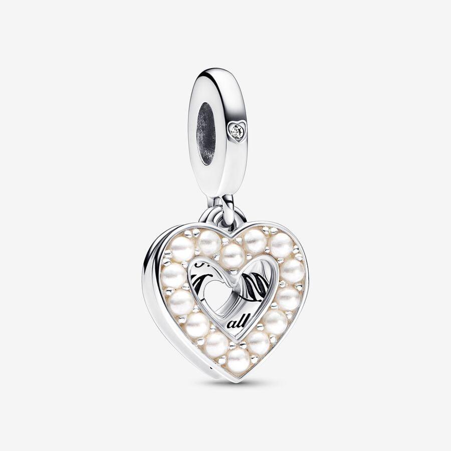 Charm Pendente Doppio Cuore con Perle Coltivate d'Acqua Dolce