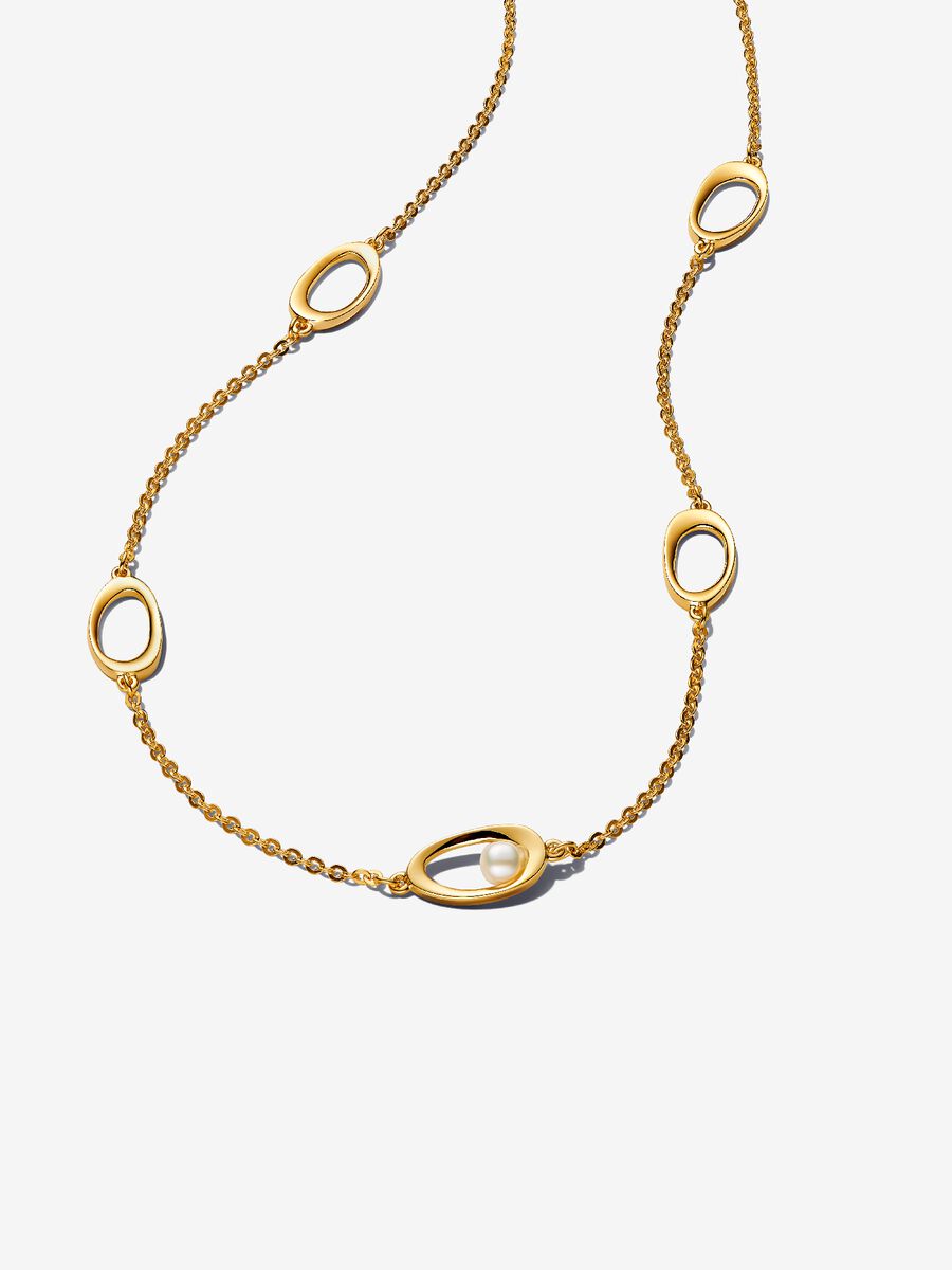 Collana Ovali Linea Sinuosa e Perla D’Acqua Dolce Coltivata Placcatura in Oro 14k - COLLANA