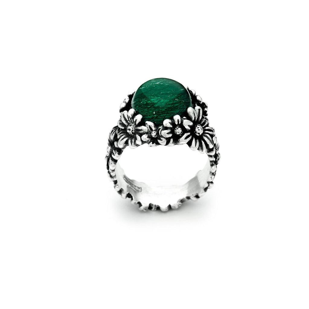 Anello Margherite Garden Grande in Argento e Agata Verde
