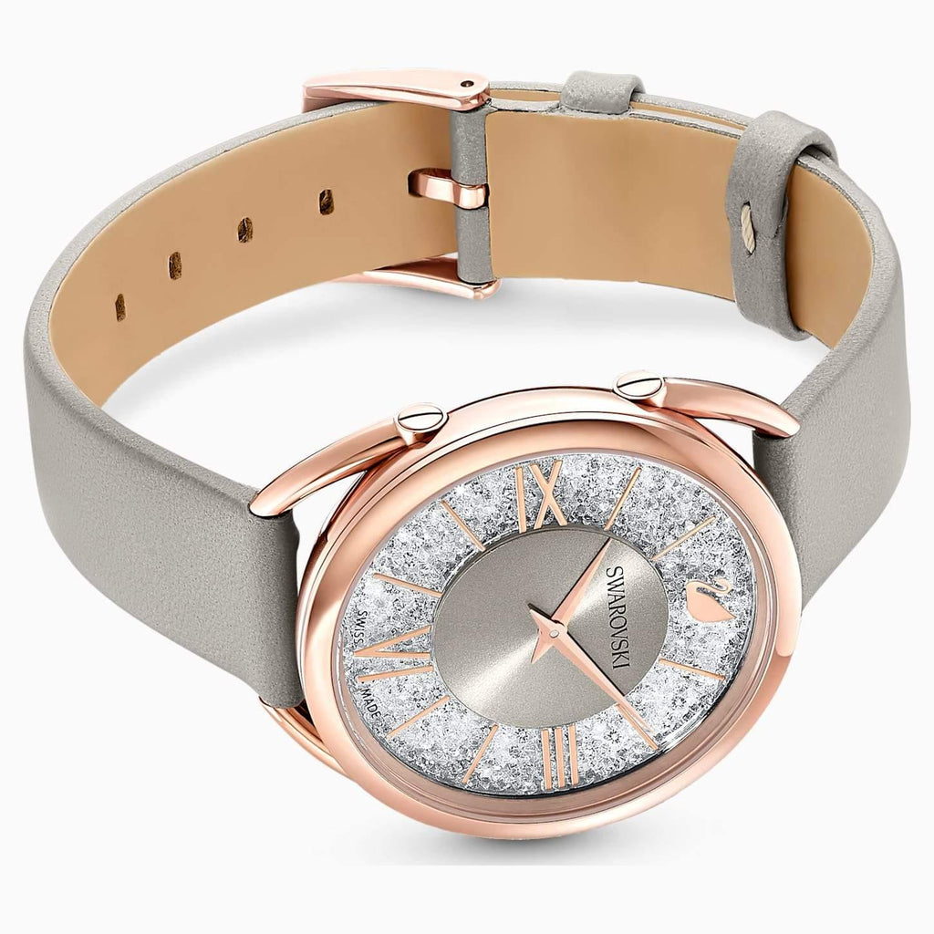 OROLOGIO CRYSTALLINE GLAM, CINTURINO IN PELLE, GRIGIO, PVD ORO ROSA