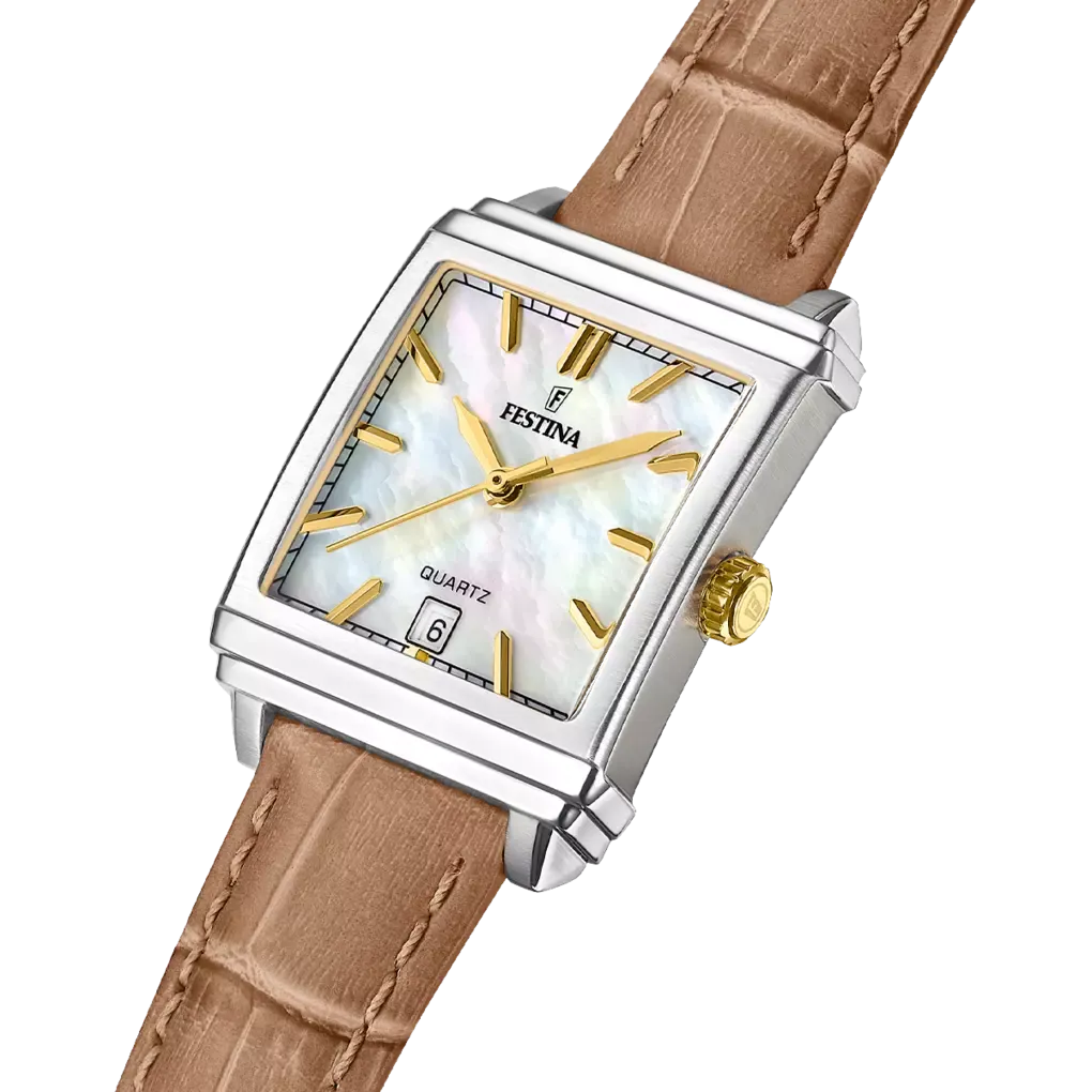Orologio Donna Festina F20682/4 - Cassa Rettangolare in Acciaio e Cinturino in Pelle Beige/Marrone - OROLOGIO