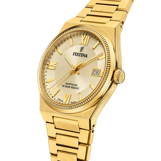 OROLOGIO FESTINA SWISS SWISS MADE BEIGE CINGHIA ACCIAIO INOSSIDABILE 316L, UOMO