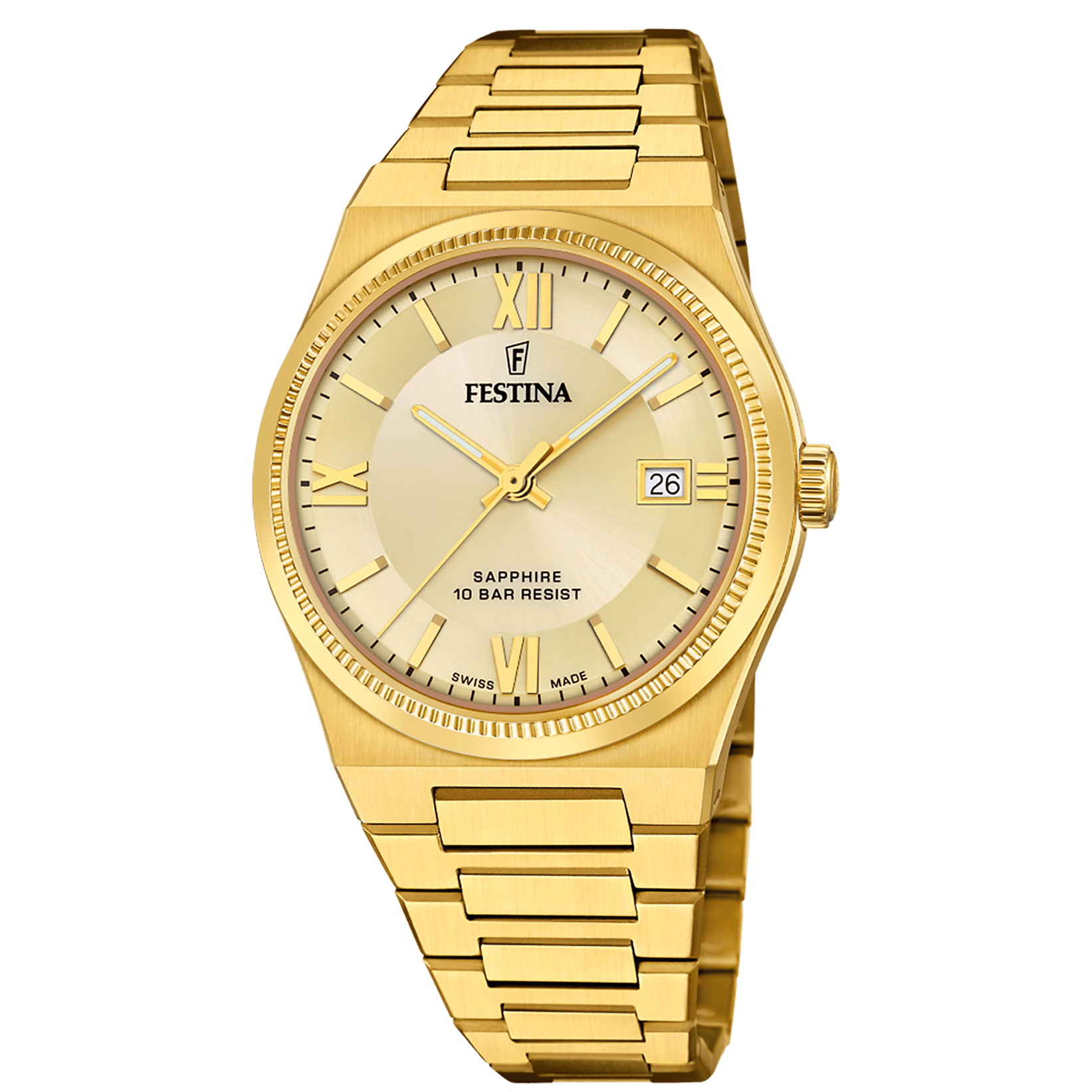 OROLOGIO FESTINA SWISS SWISS MADE BEIGE CINGHIA ACCIAIO INOSSIDABILE 316L, UOMO