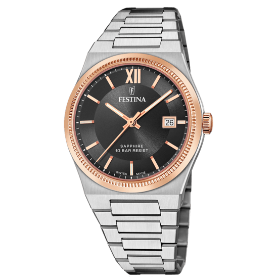 OROLOGIO FESTINA SWISS SWISS MADE NERO CINGHIA ACCIAIO INOSSIDABILE 316L, UOMO