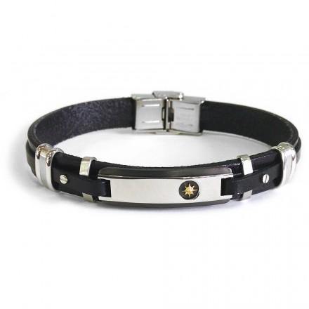 ZANCAN - BRACCIALE IN PELLE CON PLACCA E INSERTI IN ACCIAIO