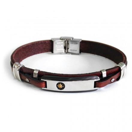 ZANCAN - BRACCIALE IN PELLE CON PLACCA E INSERTI IN ACCIAIO