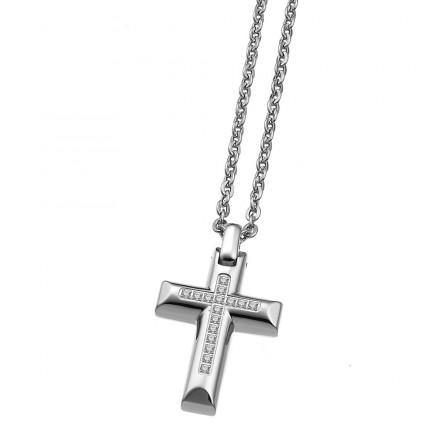 ZANCAN - COLLANA IN ACCIAIO CON CROCE E ZIRCONI.
