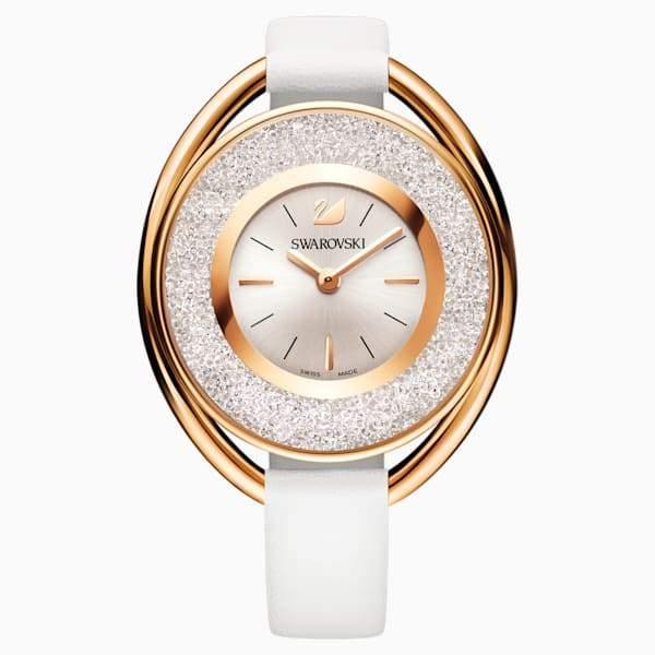 OROLOGIO CRYSTALLINE OVAL, CINTURINO IN PELLE, BIANCO, PVD ORO ROSA